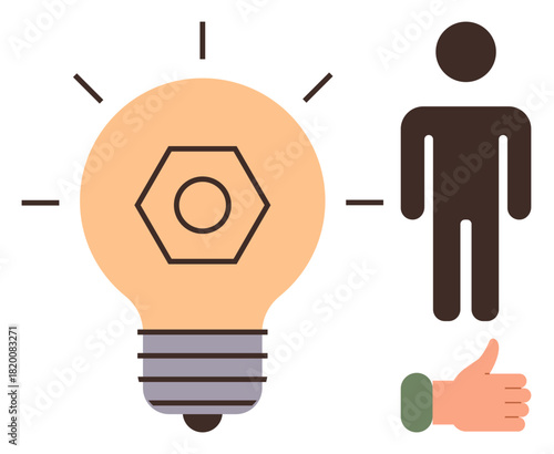 Giant light bulb with glowing rays beside human figure and thumbs-up hand gesture. Ideal for creativity, innovation, teamwork, positivity, idea generation, motivation, and feedback concepts. Simple