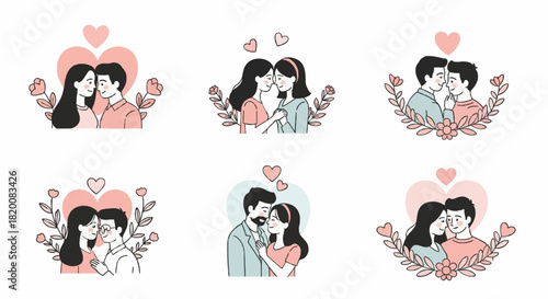 Minimalist romantic couple illustration with hearts and flowers vector bundle.