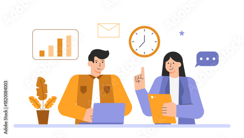 Flat Design Manager Delegating Tasks to Team Flat Vector Illustration