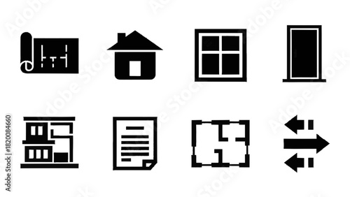 Vector illustration of set of eight black silhouette icons representing real estate, architecture, and construction element isolated on transparent background