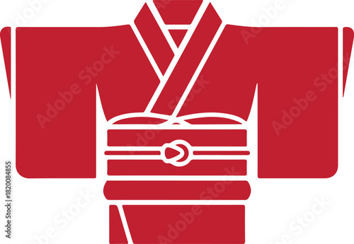 A simple red silhouette of a traditional japanese kimono garment
