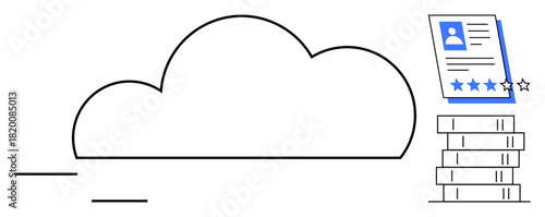 Large cloud connected to stacked books and a resume with user ratings. Ideal for concepts thumbs up digital storage, data organization, career building, user feedback, cloud technology, and education