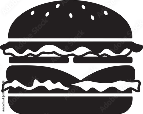 A simple black and white illustration of a classic cheeseburger design