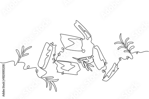 Single line drawing of scattered jerky pieces with herbs and spices, symbolizing natural flavor, artisanal care, and culinary passion in a creative business concept for National Jerky Day celebration.