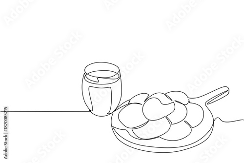 Continuous line drawing of peanut butter cookies served on a plate beside a glass of milk, symbolizing sweetness, nostalgia, and warmth in a food business concept for National Peanut Butter Cookie Day