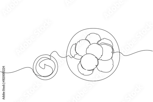 One line drawing of peanut butter cookies in a bowl with cream on the side, representing comfort, sweetness, and homemade flavor in a dessert business concept for National Peanut Butter Cookie Day.
