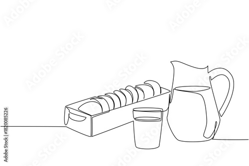 Single line drawing of sliced bread beside a milk jug and glass, representing comfort, breakfast, and homemade taste in a cozy food business concept for National Peanut Butter Cookie Day celebration.