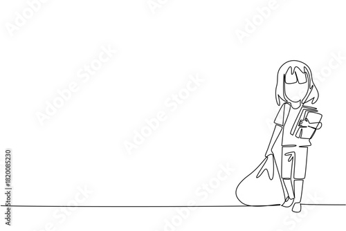 Continuous line drawing of a girl carrying a heavy bag and books, representing child labor, education rights, and empowerment in a human rights concept for World Day Against Child Labor awareness.