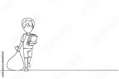 One line drawing of a boy carrying books and a heavy bag, symbolizing struggle, hope, and the right to education in a global human rights business concept for World Day Against Child Labor campaign.