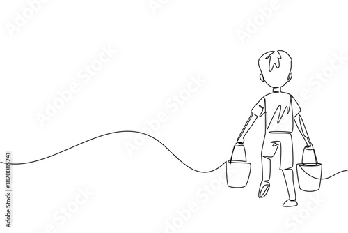 Continuous line drawing of a boy carrying two buckets while walking, back view, symbolizing child labor, endurance, and hope in a humanitarian awareness concept for World Day Against Child Labor.
