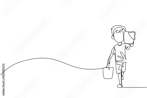 Single line drawing of a boy carrying two buckets, symbolizing hardship, resilience, and the call for child protection in a global human rights business concept for World Day Against Child Labor.