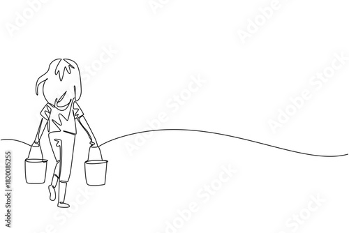 One line drawing of a girl carrying two buckets, rear view, symbolizing burden, strength, and the right to equality in a humanitarian awareness concept for World Day Against Child Labor campaign.