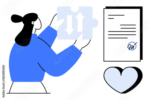 Woman placing puzzle piece with arrows, signed document, and heart representing teamwork, agreement, connection, collaboration, decision-making, partnership and unity. Ideal for simple flat metaphor