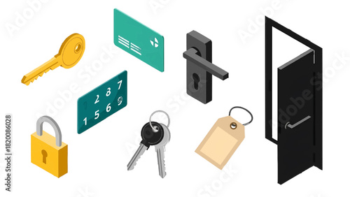 Vector illustration of isometric set of security access elements including key, padlock, access card, keypad, door handle, and blank tag isolated on transparent background
