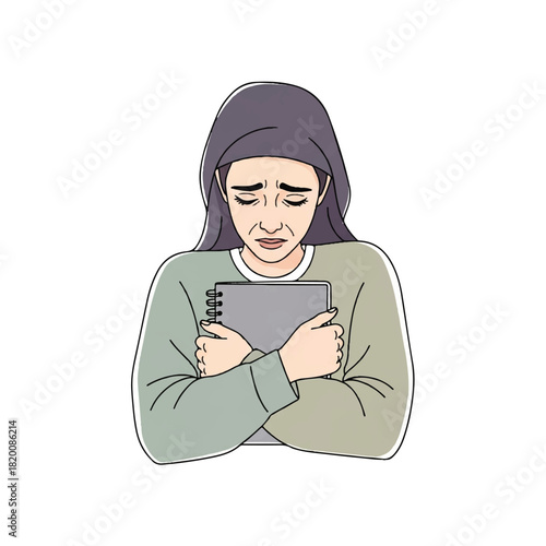 Woman feeling sad and holding a notebook in a comforting embrace