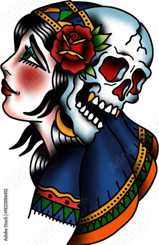 Vibrant traditional-tattoo design merging a beautiful woman and detailed human skull.