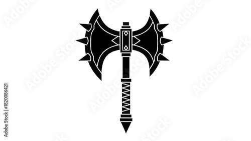 Vector illustration of black silhouette of a fantasy doubleheaded battle axe with spikes, isolated on transparent background