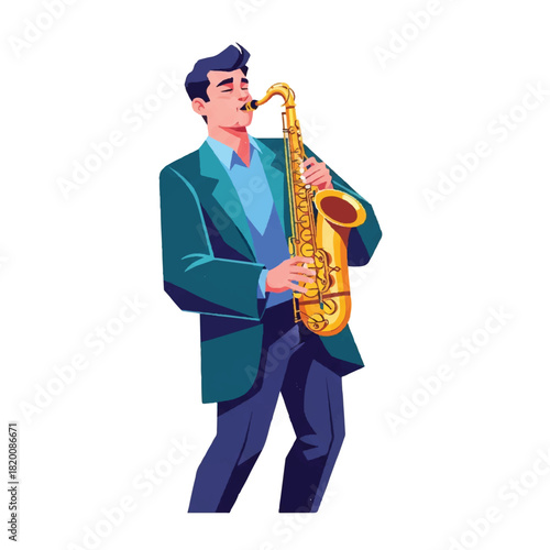 Musician playing golden saxophone with eyes closed in a vibrant performance