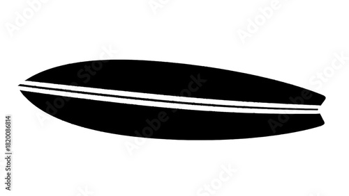 Vector illustration of black silhouette of a surfboard with two white racing stripes, isolated on transparent background
