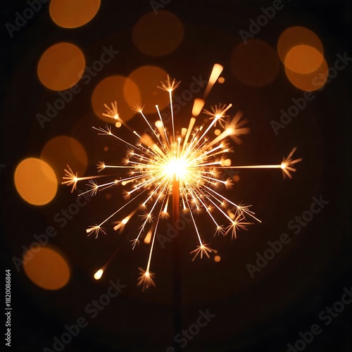 Bright sparkler burning in the dark with warm bokeh lights