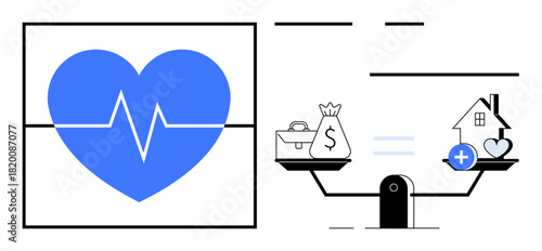 Health and financial balance. A heartbeat symbol s health, while scales weigh money against a home for balance. Health is critical in financial and life decisions. Topics healthcare, financial