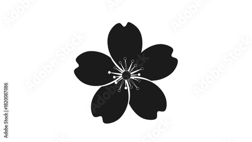 Vector illustration of black silhouette of a single fivepetal cherry blossom flower isolated on transparent background