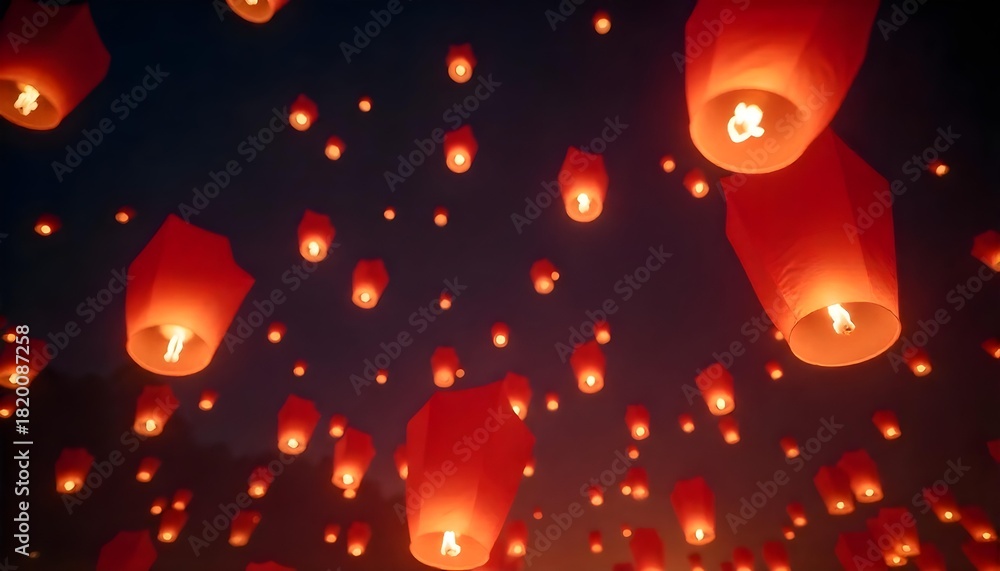 Obraz premium Red paper lanterns float in the air, symbolizing good fortune during the Lunar New Year celebrations