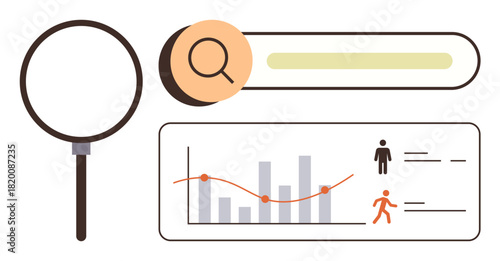 Magnifying glass, search bar, bar graph with trend line, user icons, activity illustration. Ideal for analysis, search, research online tools data insights user engagement learning. Simple flat