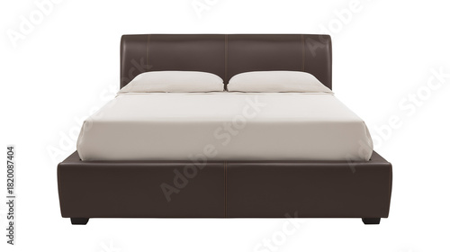 Minimalist bed with dark brown leather headboard and white bedding on transparent background