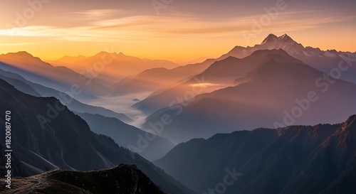 Golden hour paints the himalayan mountains in a breathtaking vista view