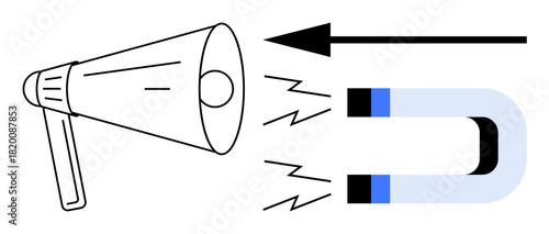 Marketing strategy concept. Visual a megaphone and magnet emphasizing customer attraction and engagement. Marketing focuses on communication and audience interest. Ideal for advertising, sales