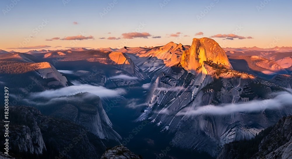 Obraz premium Half dome peak illuminated by the setting sun in yosemite national park
