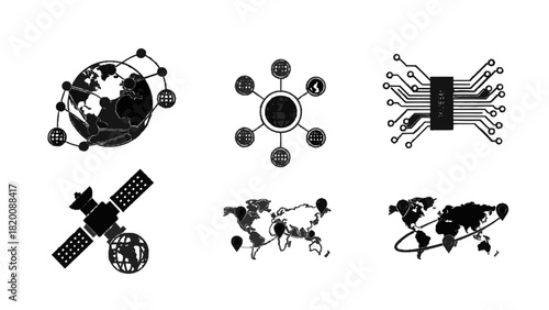 Vector illustration of set of six black and white icons representing global communication, network, technology, satellite, and world map connection concepts isolated on transparent background