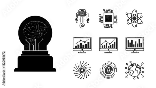 Vector illustration of set of black and white line icons representing artificial intelligence, data science, and technology concepts isolated on transparent background
