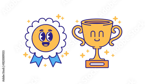 Cheerful ribbon and trophy characters with happy faces surrounded by sparkles, perfect for themes of success, achievement, awards, and celebration. cute character vector illustration hand drawn style
