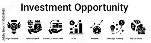 Investment Opportunity banner web icon vector illustration concept for business with icon of Angel Investor, Venture Capital, Return On Investment, Profit, Revenue, Strategic Planning, Market.