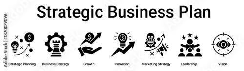 Strategic Business Plan banner web icon vector illustration concept for business with icon of Strategic Planning, Business Strategy, Growth, Innovation, Marketing Strategy, Leadership.