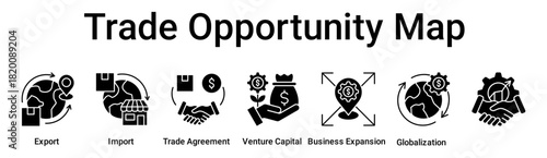 Trade Opportunity Map banner web icon vector illustration concept for business with icon of Export, Import, Trade Agreement, Venture Capital, Business Expansion, Globalization.