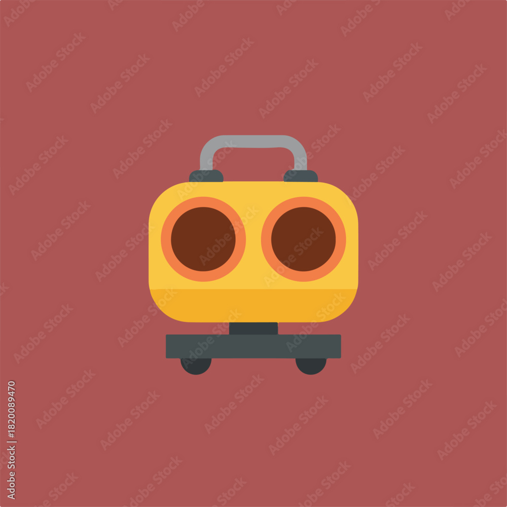 Obraz premium An illustration of a yellow suitcase with two round sections, a grey handle, and small wheels, centered against a red-brown background.
