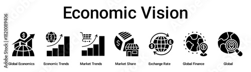 Economic Vision banner web icon vector illustration concept for business with icon of Global Economics, Economic Trends, Market Trends, Market Share, Exchange Rate, Global Finance.