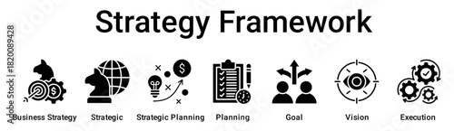 Strategy Framework banner web icon vector illustration concept for business with icon of Business Strategy, Strategic, Strategic Planning, Planning, Goal, Vision.