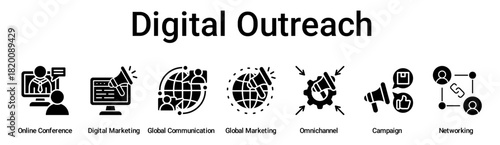 Digital Outreach banner web icon vector illustration concept for business with icon of Online Conference, Digital Marketing, Global Communication, Global Marketing, Omnichannel, Campaign.