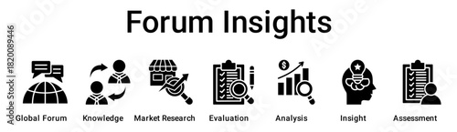 Forum Insights banner web icon vector illustration concept for business with icon of Global Forum, Knowledge, Market Research, Evaluation, Analysis, Insight.