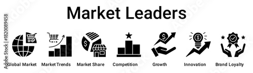 Market Leaders banner web icon vector illustration concept for business with icon of Global Market, Market Trends, Market Share, Competition, Growth, Innovation, Brand.