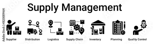 Supply Management banner web icon vector illustration concept for business with icon of Supplier, Distribution, Logistics, Supply Chain, Inventory, Planning, Quality.
