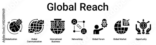 Global Reach banner web icon vector illustration concept for business with icon of Globalization, Global Communication, International Business, Networking, Global Forum, Global Market.
