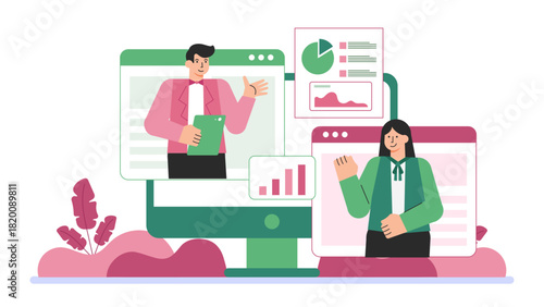 Flat Design Remote Team Brainstorming Session Flat Vector Illustration