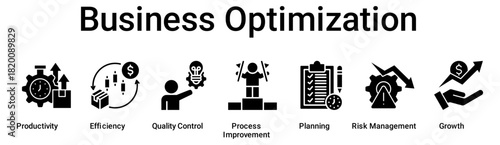 Business Optimization banner web icon vector illustration concept for business with icon of Productivity, Efficiency, Quality Control, Process Improvement, Planning, Risk Management.