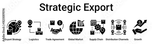 Strategic Export banner web icon vector illustration concept for business with icon of Export Strategy, Logistics, Trade Agreement, Global Market, Supply Chain, Distribution Channels.