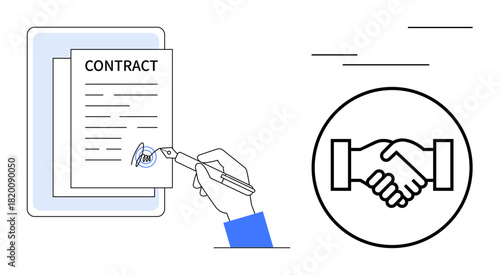 Contract signing. A hand signing a contract s legal agreements, partnership commitments, and professional collaboration. Contract signing ensures binding deals in business, real estate, or personal